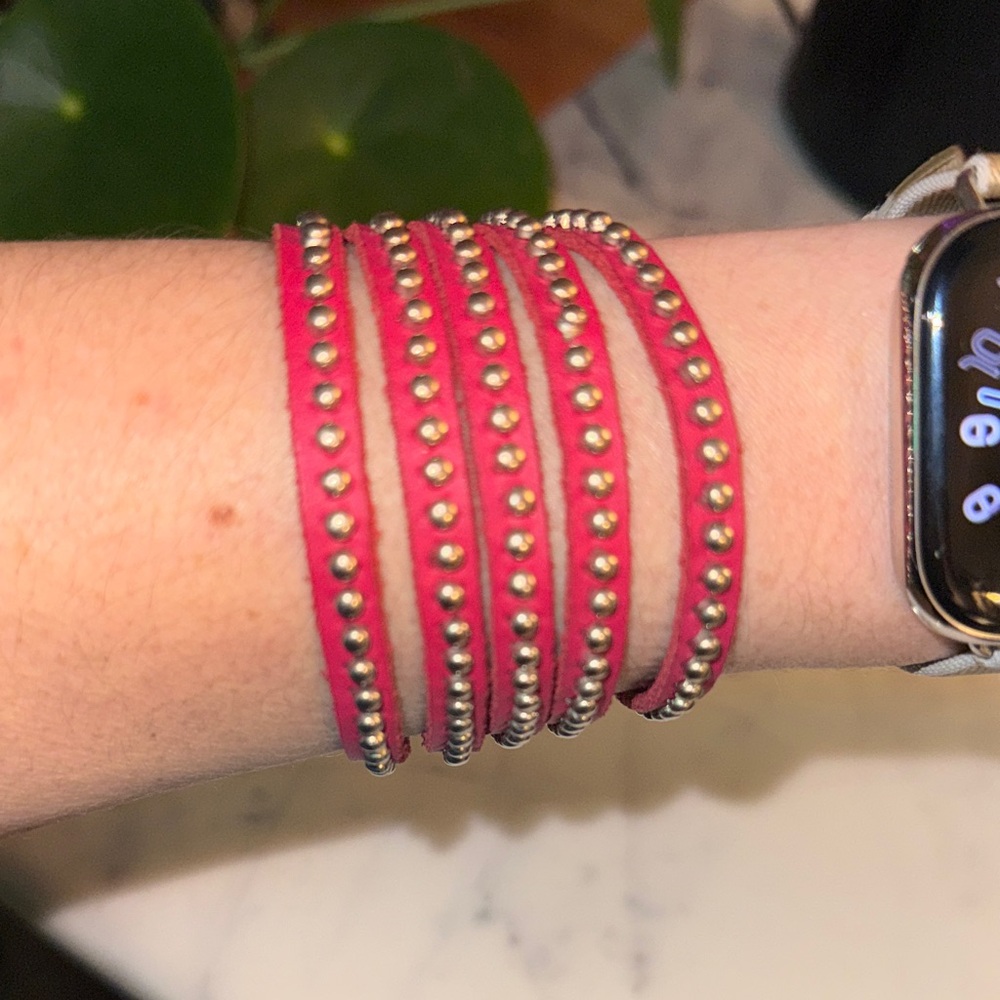 Leather Red Studded Wrap Bracelet
